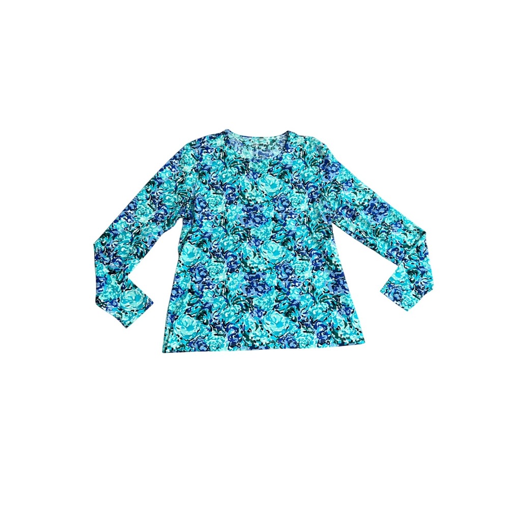 Lands End Womens Blue Floral Long Sleeve Rash Guard Swim Top Size L 14-16